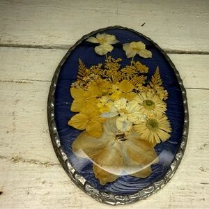 Oval Framed Vintage Dried Flowers Under Glass Wall Hanging, Cottage Core